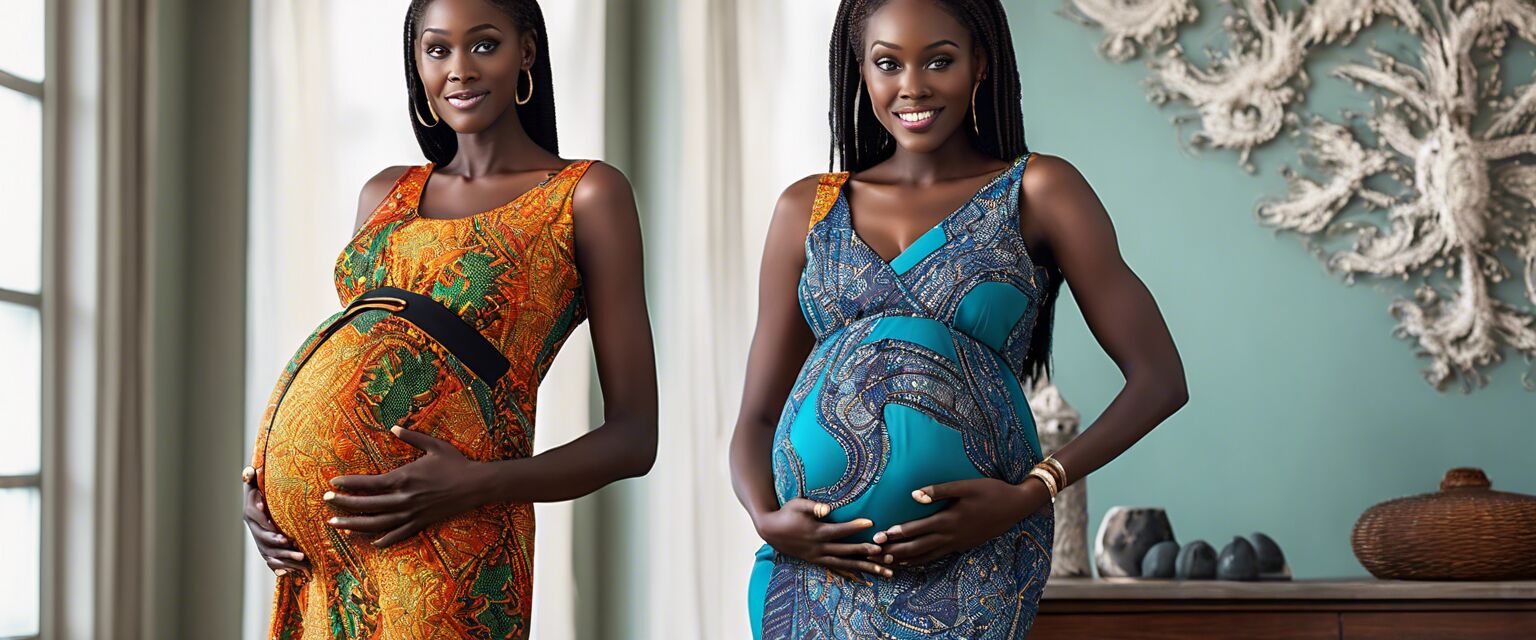 Vibrant African print maternity dress on mannequin