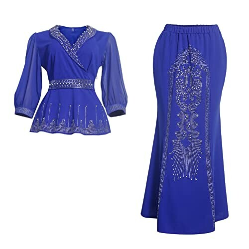 Blue blouse and skirt set with embroidered patterns