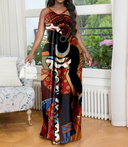 Woman wearing a colorful patterned maxi dress in a bright room.