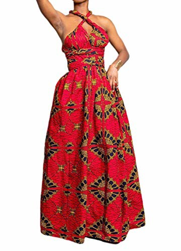 Woman wearing a red Ankara print maxi dress with a halter neck.