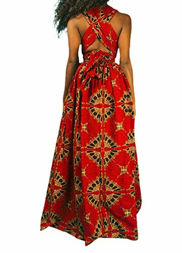 Back view of a woman in a red Ankara maxi dress with intricate patterns.