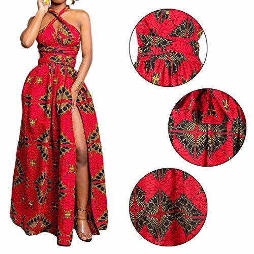 Red halter neck dress with floral patterns and side slit.